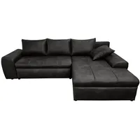 luma-home schönes für dein zuhause Vintage Ecksofa mit Schlaffunktion und Bettkasten 266x186 cm, Wellenunterfederung, Ottomane rechts, gemütliche Lounge Couch mit Mikrofaser-Stoff in Leder-Optik Schwarz / 18013