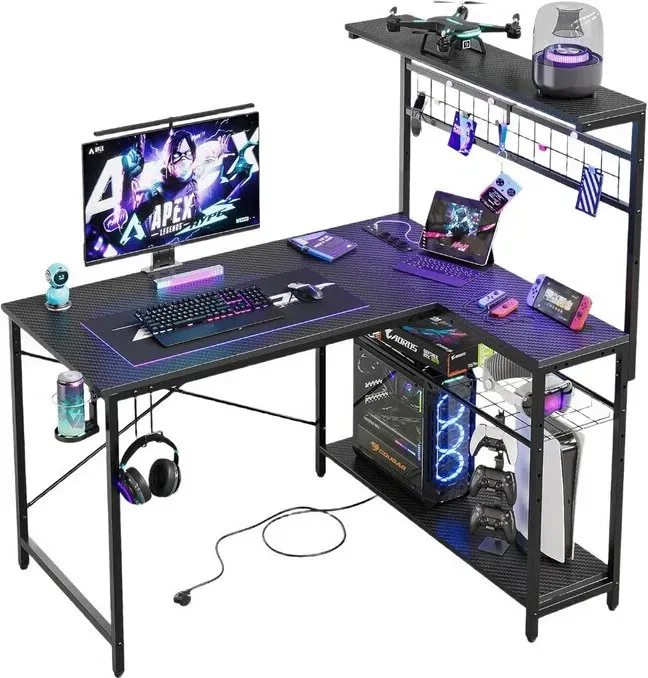 Bestier L-förmigen Schreibtisch mit Steckdosen & LED-Leuchten Compact Corner Desk mit Regalen Reversible Computer-Schreibtisch mit Haken für Home Office Schlafzimmer