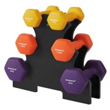 SONGMICS Kurzhantel Set, Hexagon, mit Hantelständer, 2 x 1 kg, 2 x 1,5 kg, 2 x 2 kg, mattes Finish, Neopren-Beschichtung, Krafttraining, zu Hause, gelb, orange und lila SYL69BK