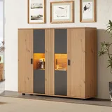 Merax Vitrinenschrank Glasvitrine Vitrine mit LED, Moderner Hochschrank mit 4 Türen, Verstellbare Einlegeböden, Sammlervitrine Bücherregal Standvitrine für Wohnzimmer Büro, 113cm, Holzfarbe & Schwarz