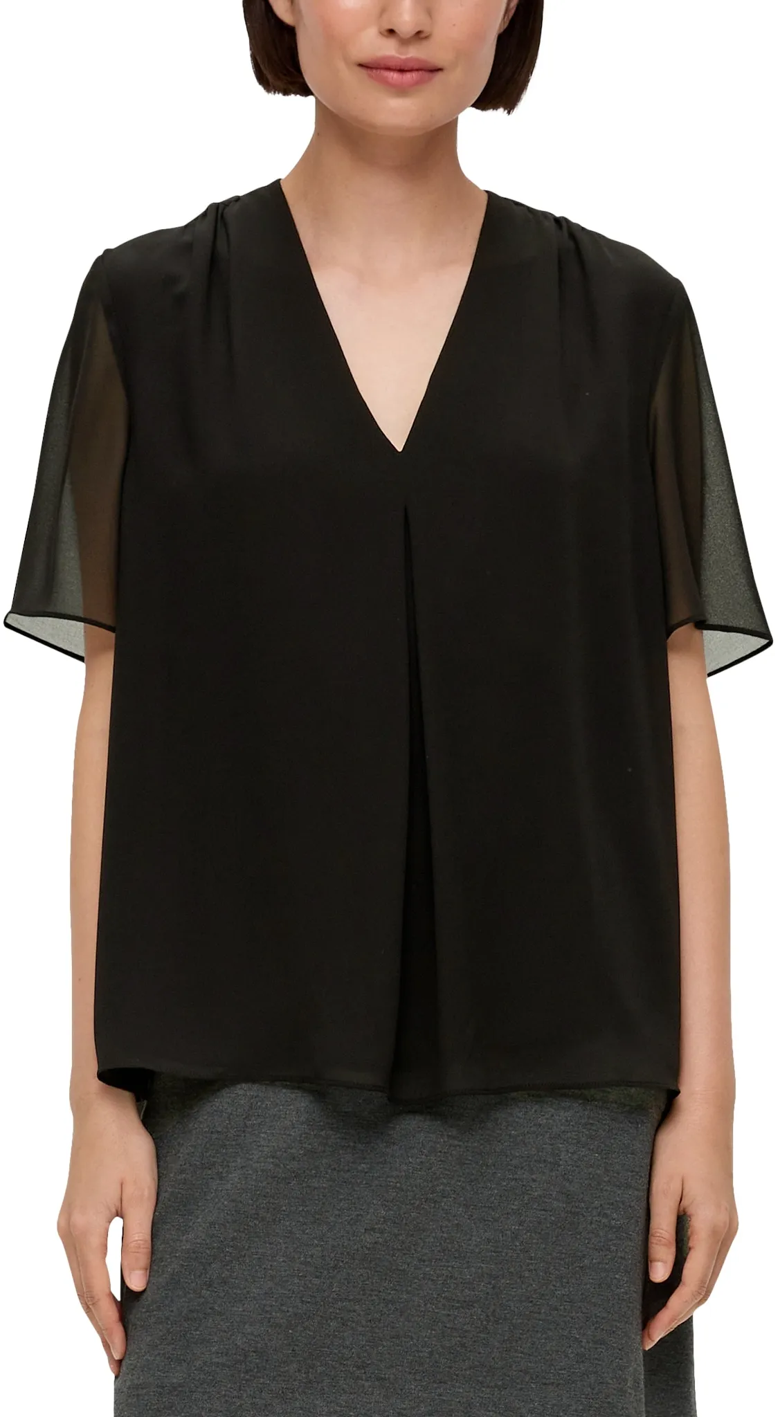 Shirtbluse S.OLIVER BLACK LABEL Gr. 36, grau (grey, black) Damen Blusen kurzarm mit eingelegter Falte vorne