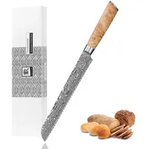 Zayiko Kinone Damast langes Brotmesser I 23 cm Klinge I Wurzelholzgriff Birke