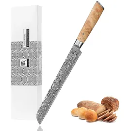 Zayiko Kinone Damast langes Brotmesser I 23 cm Klinge I Wurzelholzgriff Birke