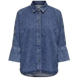 Only Jeansbluse "ONLGRACE 3/4 RHINESTONE MB DNM SHIRTNOOS", Damen, Gr. L, blau (medium blau denim), Web, Obermaterial: 100% Baumwolle, unifarben, oversize, Blusen Jeansbluse, mit Strasssteinen