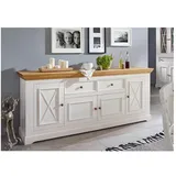 Lomadox Sideboard WARNA-69, in Kiefer weiß mit Eiche Massivholz Landhaus, B/H/T ca. 209/88/42 cm weiß