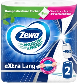 Zewa Küchenrolle Wisch&Weg eXtra Lang Original, Extra lange Rolle in extra saugstark, 1 Packung = 2 Rollen à 86 Blatt