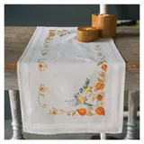 Vervaco Stickpackung Tischläufer Sticken Set Erwachsene Vorgedruckt Meisen mit Lampionblume Stickläufer zum Selbersticken Vorgezeichnet Decke Sticken Plattstich 40 x 100 cm Kreatives Geschenk