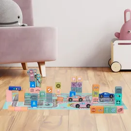 Relaxdays Holzbausteine Stadt im Set Blau,Grau,Rosa