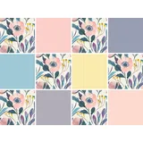 Fliesenaufkleber QUEENCE "Pflanze", bunt (lila, gelb,rosa, blau), B:15cm H:15cm T:0,1cm, Fliesenaufkleber, Stickerfliesen, selbstklebend, Sticker, 12er Set