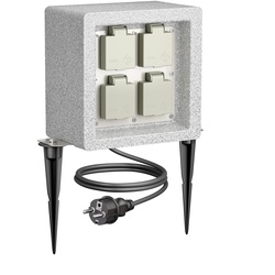 ledscom.de Garten-Steckdose POCK mit Erdspieß Stein-Optik für außen, 4-Fach, Kunstharz, quadratisch, 20cm