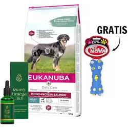 EUKANUBA Mono-Protein Salmon 12kg & Lab-v Omega-3&6-Fettsäuren + Gummiknochen GRATIS!