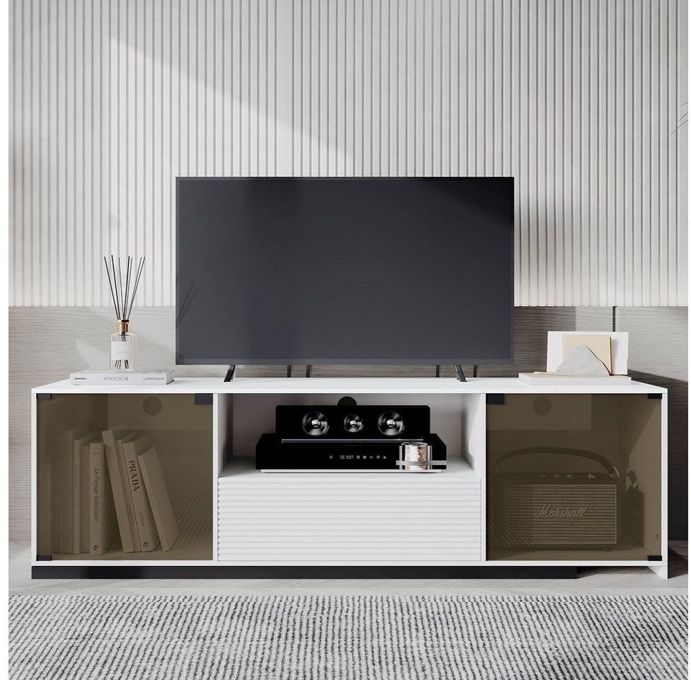 HAUSS SPLOE TV-Schrank TV-Schrank Fernsehtisch TV Board TV- Lowboard (für einen 60-Zoll-Fernseher, marmorgeäderter Tischplatte und elegantem Glasdesign) Mit 2 Türen, 1 Schublade und 1 offenem Fach weiß