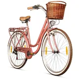 bergsteiger Cityrad Marseille 26 Zoll, 28 Zoll Damenfahrrad, ab 150 cm, Korb aus Rattan, 6 Gang, Kettenschaltung, V-Bremsen rosa