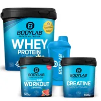 Bodylab24 Megadeal Basic Aufbau Plus, Whey Protein Vanille, Concentrated Pre Workout und Creatine Monohydrate + Shaker für Kraftsport und Fitness, kann den Aufbau von Muskelmasse unterstützen