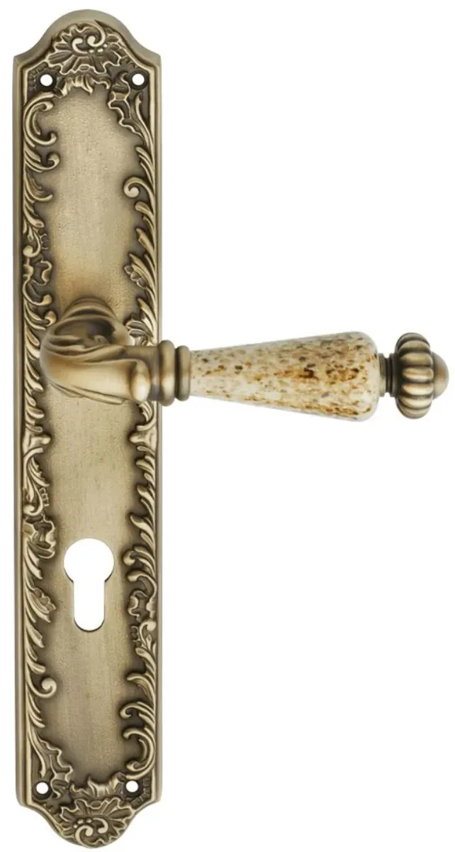Casa Padrino Barock Türklinken Set Messing Patiniert 14,5 x H. 30 cm - Barockstil Türgriff Set mit Edel Porzellan Griff