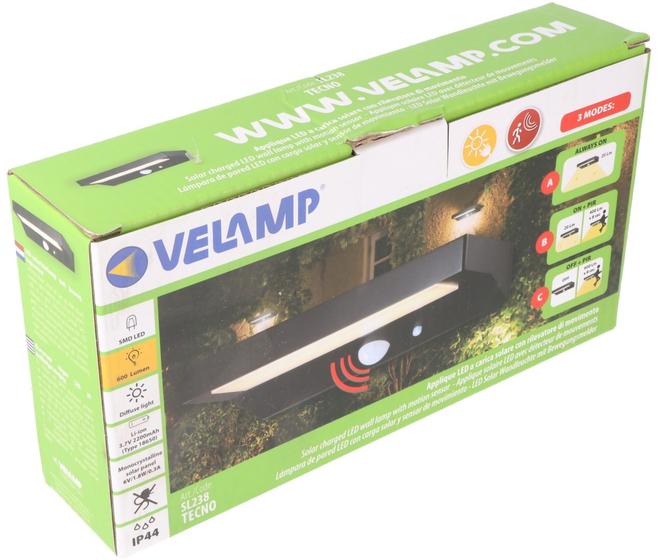 Velamp TECNO: 600 Lumen Solar LED Wandleuchte mit Bewegungsmelder
