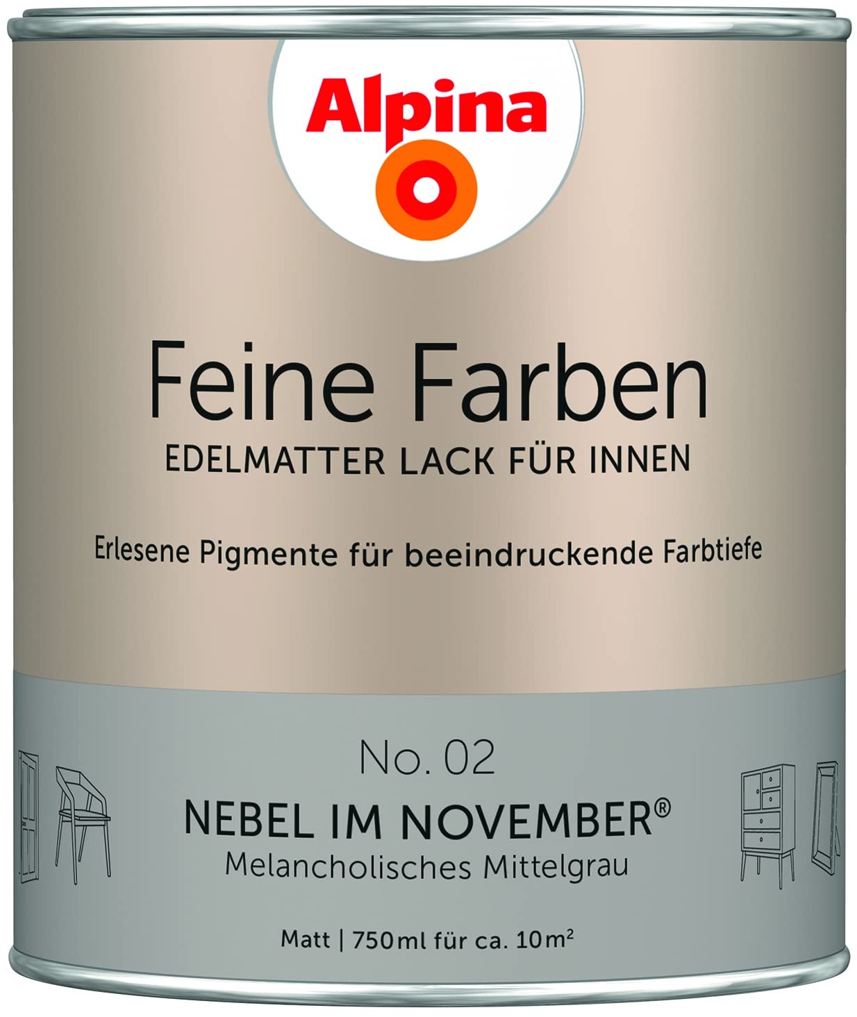 Alpina Feine Farben Lack No. 02 Nebel im November® edelmatt 750ml - Melancholisches Mittelgrau