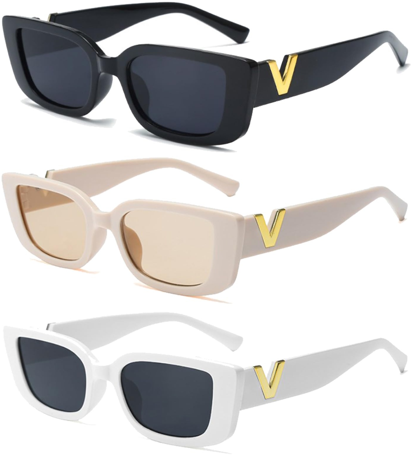 RAOLAWOBA 3 Stück Trendige Rechteckige Sonnenbrille Sunglasses Rechteckige 90er Vintage Sonnenbrillen Set Sonnenbrille Vintage Unregelmäßiges Damen 90er Retro Sonnenbrillen Set Für Damen Und Herren