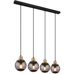 Hängelampe Glas modern Pendelleuchte Rauchglas Hängeleuchte schwarz, 4 flammig Metall Glaskugeln messing Retro, 4x E27 Fassungen, LxBxH 75x15x110cm