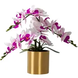 LESING Künstliche Orchidee mit Vase, realistische Orchideen, künstliche Orchidee, Bonsai-Pflanzen im Topf, Arrangement für Zuhause, Hochzeit, Party, Esstisch, Tischdekoration (weiß-lila, goldene Vase)