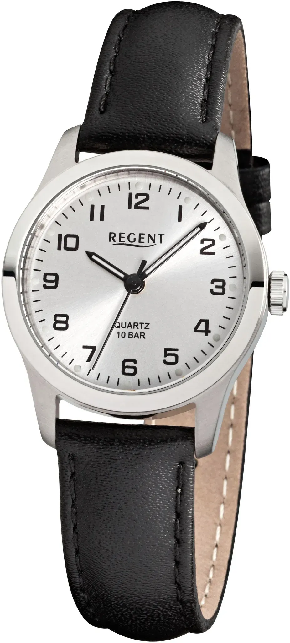 Quarzuhr REGENT, schwarz (schwarz, silberfarben), Armbanduhren, Damen, Quarzuhr, Armbanduhr, Damenuhr, Titangehäuse, Lederarmband, analog, Ø ca. 28mm