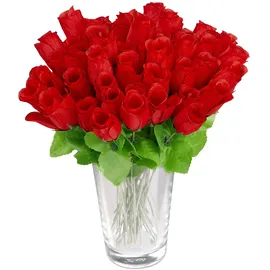 Relaxdays Kunstrosen rot, 48 Stück mit Stiel und Blättern, rote Köpfe, H: 26 cm, red,