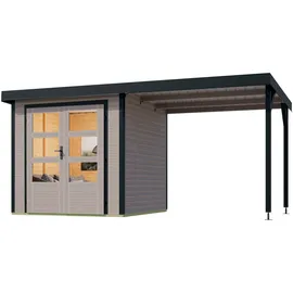 Karibu Gartenhaus Jupiter D inkl. Anbaudach - 19 mm-213 x 217 cm- Holz-Ausführung: wassergrau - Blech-Ausführung: anthrazit