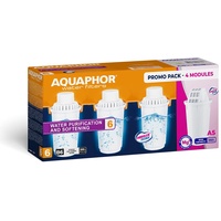 AQUAPHOR 4X Wasserfilterkartusche (3X B100-6 für hartes Wasser Plus 1x A5 Magnesium). Kompatibel mit Filterkannen Arctic, Prestige, Provance. 300 Liter Kapazität.