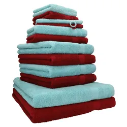Betz 12-tlg. Handtuch-Set PREMIUM 100% Baumwolle 2 Duschtücher 4 Handtücher 2 Gästetücher 2 Seiftücher 2 Waschhandschuhe rubinrot/ocean