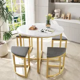 Merax Essgruppe mit runden Esstisch und 4 Hockers, modernes Marmor-Muster Tischplatte, kuschelige Samt Stühle, platzsparendes Design für Esszimmer, Küche, Wohnzimmer, grau