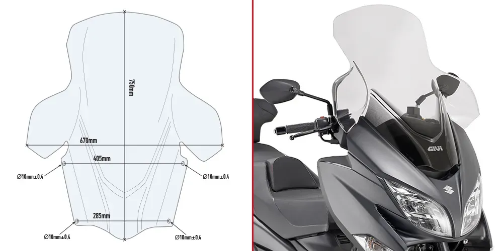 GIVI voorruit transparant, >590 mm hoog, 670 mm breed voor Suzuki Burgman 400 (17-21), met ABE Voorruit