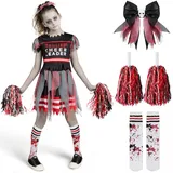 Spooktacular Creations Cheerleader-Kostüm für Mädchen, schwarzes und rotes schreckliches Cheerleader-Kostüm, Zombie Fearleader-Kostüm für Halloween-Dress-up-Partys-XL