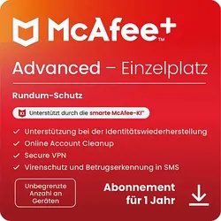 McAfee+ Advanced Einzelperson, Antivirus und Internet-Sicherheitssoftware für eine unbegrenzte Anzahl an Geräten, 1-Jahres-Abo - [Multiplattform]