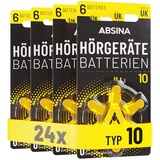 Absina Hörgerätebatterien 10 24 Stück mit gut greifbarer Schutzfolie - Hörgeräte Batterien 10 Zink Luft mit 1,45V - Typ 10 Batterien Hörgeräte Gelb - PR70 ZL4 P10 Hörgerätebatterien