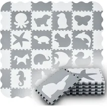 Juskys Kinder Puzzlematte Timon 36 Teile mit 16 Tieren - rutschfest – grau weiß