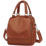 PORRASSO Rucksack Damen Umhängetasche Kleiner Daypack PU Wasserdicht Schultertasche Handtasche Rucksäcke für Reisen Shopping Dating Braun
