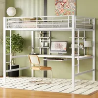 Okwish - Hochbett, 140 x 200 cm, Metallbettgestell, Eisenbett, Hochbett mit Schreibtisch und zwei Regalen für Kinder, Jugendliche und Erwachsene, Weiß