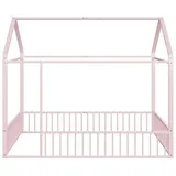 Sweiko Metallbett, Hausbett mit Dach und Zaun, Kinderbett, 140*200cm rosa 144 cm x 204 cm x 170 cm