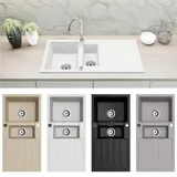 faizee home Granitspüle 2 Becken rechts Einbauspüle weiß Handbetätigung 1000 x 500 mm