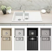 faizee home Granitspüle 2 Becken rechts Einbauspüle weiß Handbetätigung 1000 x 500 mm