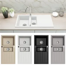 faizee home Granitspüle 2 Becken rechts Einbauspüle weiß Handbetätigung 1000 x 500 mm