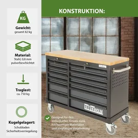 Baumarktplus Werkstattwagen DELUXE 12 Schubladen unbestückt mit massiver Arbeitsplatte Anthrazit/grau