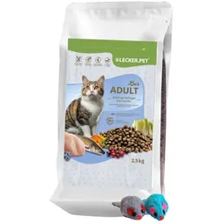 2,5 kg Lecker.Pet® Leo's Adult Geflügel & Forelle Katzen Trockenfutter Vollnahrung + 2 Mäuse