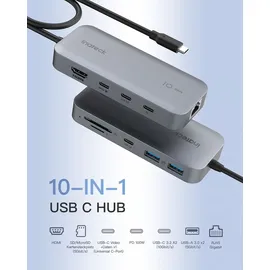Inateck 10 in 1 USB C Hub, 4K 60Hz HDMI Docking Station, USB C Video+Data, 100W PD, 10Gbps 2 USB 3.2 C, 2 USB 3.0 A, RJ45 Ethernet, SD/TF, 50cm Kable, Für Windows 7/10/11, Linux, MacOS 10.2, HB2030