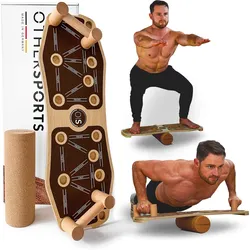 Sportboard Fitness Balance Board aus Echtholz mit Korkrolle und Fitnessband EINHEITSGRÖSSE