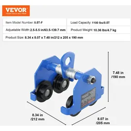 Vevor Laufkatze 0,5 T Tragkraft Rollfahrwerk mit Doppelrädern, einstellbar für I-Trägerflanschbreite 63,5 bis 139,7 mm Hochleistungs-Garagenhebezeug aus legiertem Stahl für gerade gebogene I-Träger
