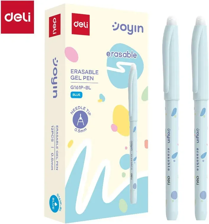 Deli Radierbare Gelstifte, Büro- und Schulbedarf, 0,5 mm Nadelspitze, Blau, 12er-Pack