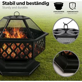 tillvex Feuerschale mit Funkenschutz & Grillrost Feuerstelle Outdoor für den Garten 4 in 1 BBQ Grill mit Abdeckung, Schürhaken, Zange | Kohlerost |