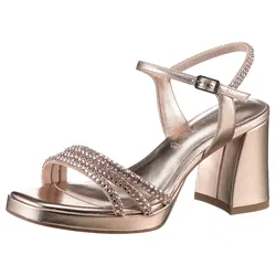 Sandalette TAMARIS, Damen, Gr. 37, gold (goldfarben), Textil, Lederimitat, glänzend, elegant, Schuhe, Blockabsatz, Abendschuh, Festtagsschuh, funkelnde Strasssteinchen