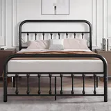 VECELO Metallbett 140 x 200 cm Bettrahmen mit Hohem Kopfteil, Stabiles Bettgestell Doppelbett aus Metall mit Lattenrost, Metall Gästebett Jugendbett, Viel Stauraum unter dem Bett, Schwarz